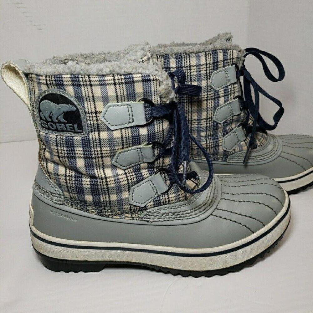 Sorel Waterproof Boots Womens Sz 5 Gray Blue‎ Plaid Over Ankle Lined